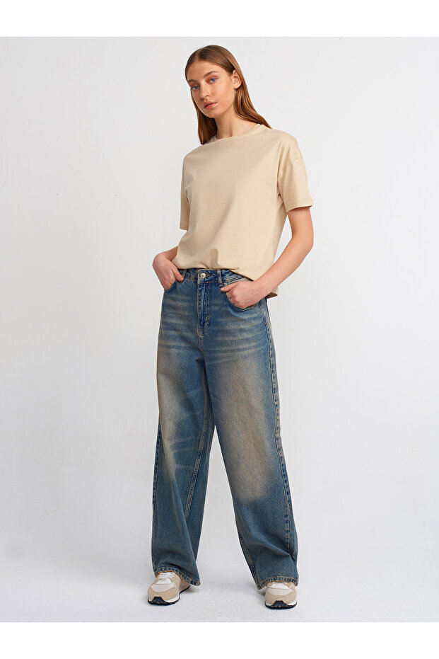 3683 Bisiklet Yaka Basic T-shirt-a.bej - 3