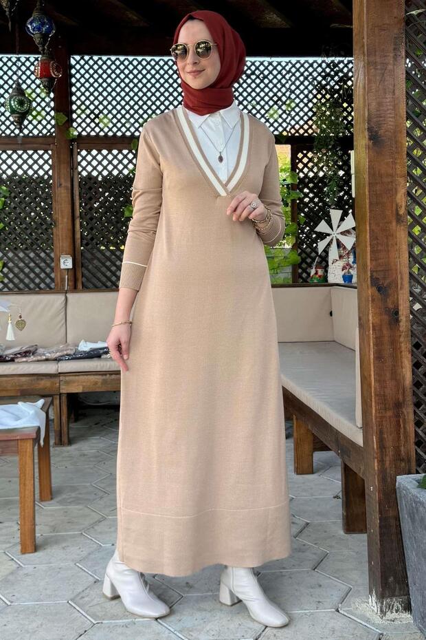 Eylül Gömlekli Triko Elbise Bej - 7