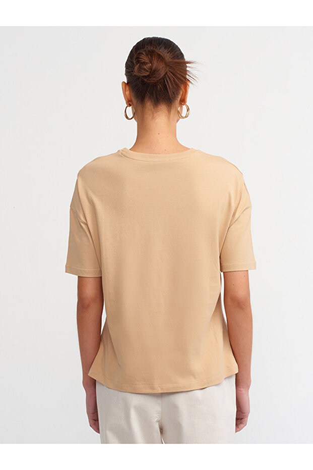 3683 Bisiklet Yaka Basic T-shirt-bej - 2