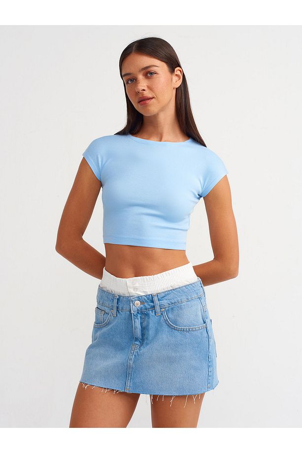 30528 Pamuk ve Modal  Karışımlı Crop Top-Açık Mavi - 4