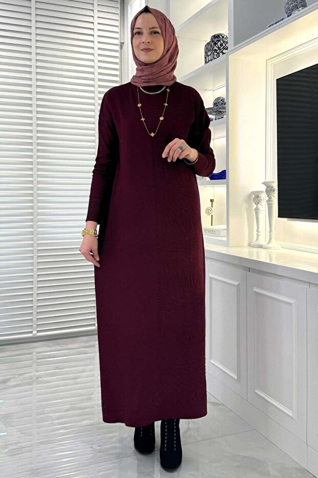 Zebra Desen Triko Elbise Bordo - 6