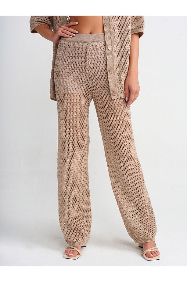 70159 Ajurlu Astarlı Triko Pantolon-Bej - 3
