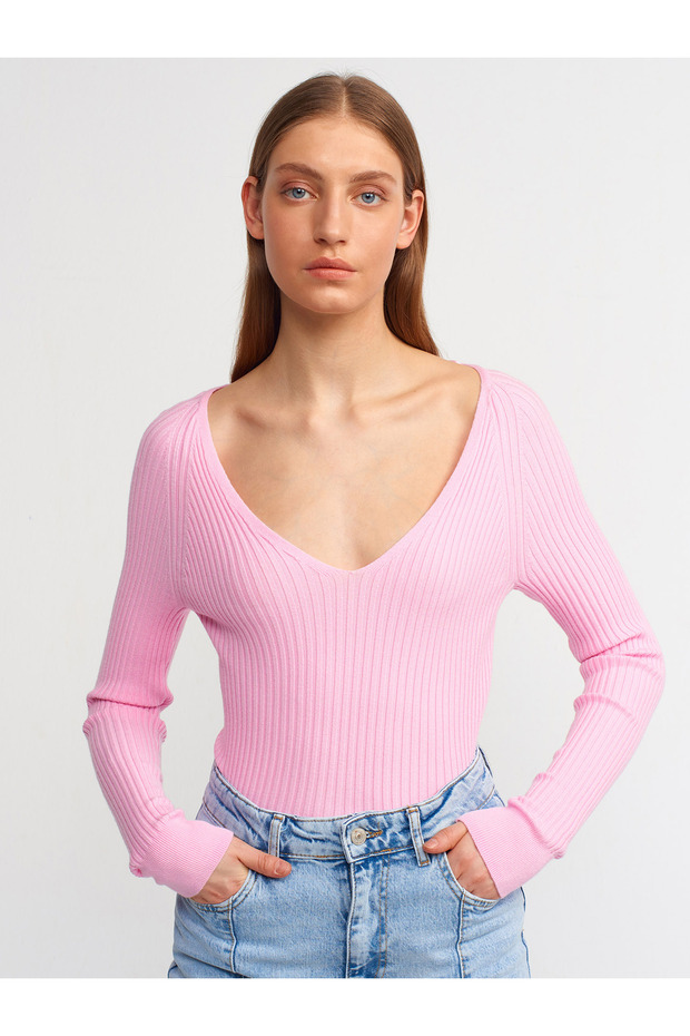 10504 V yaka fitilli kazak pembe - 1