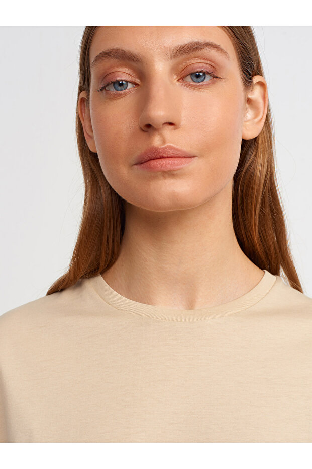 3683 Bisiklet Yaka Basic T-shirt-a.bej - 4