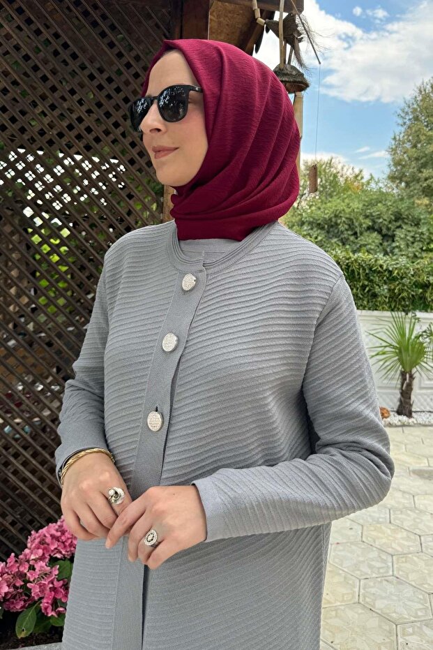 Sinem Çelik Örme Triko Hırka Gri - 5