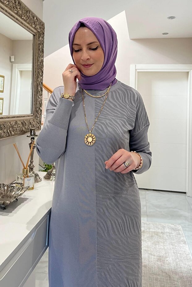 Zebra Desen Triko Elbise Gri - 8