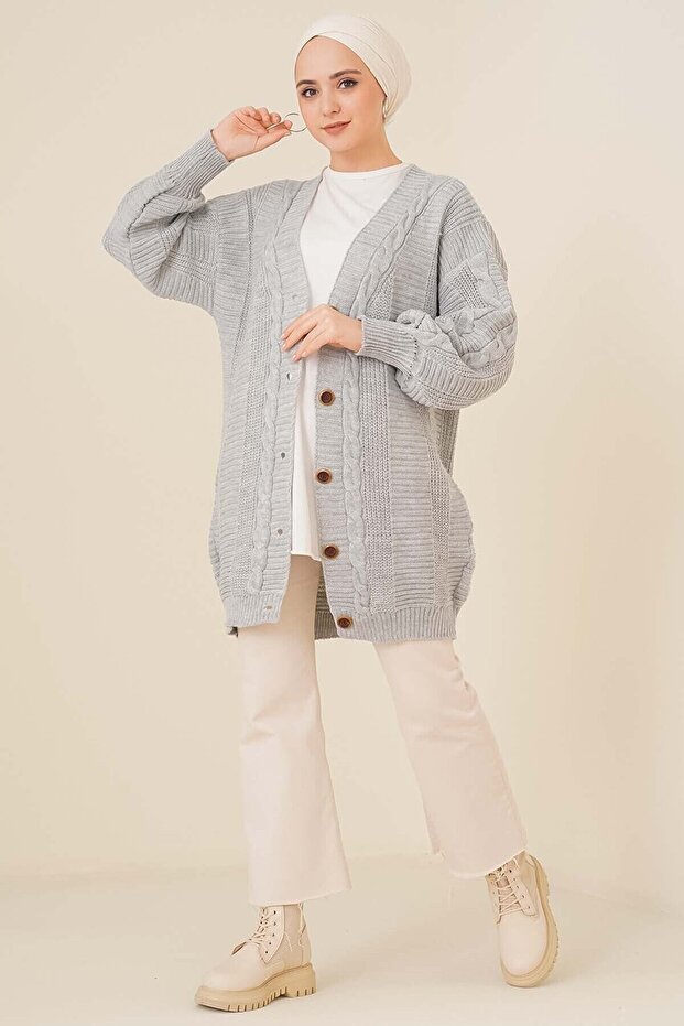 Kadın Triko Önden Düğmeli Örgü Hırka Gri - 2