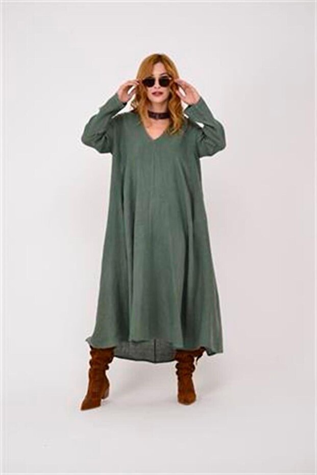 Italian V-neck Long Sleeve Linen Dress