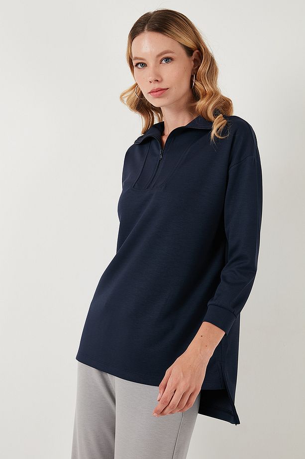 Regular Fit Fermuarlı Yaka Önü Kısa Arkası Uzun Sweat Sweat 5865876 - 4