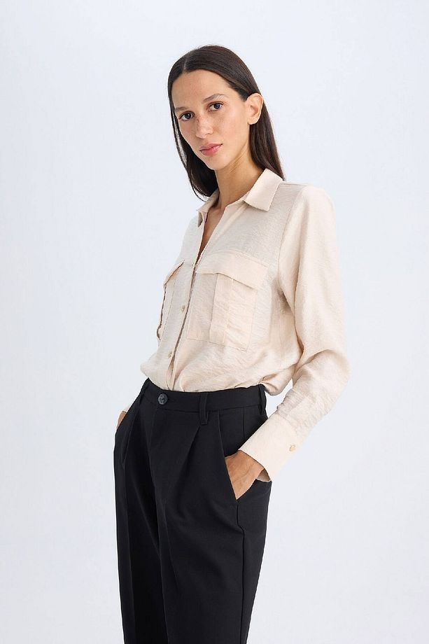 Oversize Geniş Kalıp Basic Düz Çift Cepli Uzun Kollu Viskon Gömlek D4739ax24au - 4