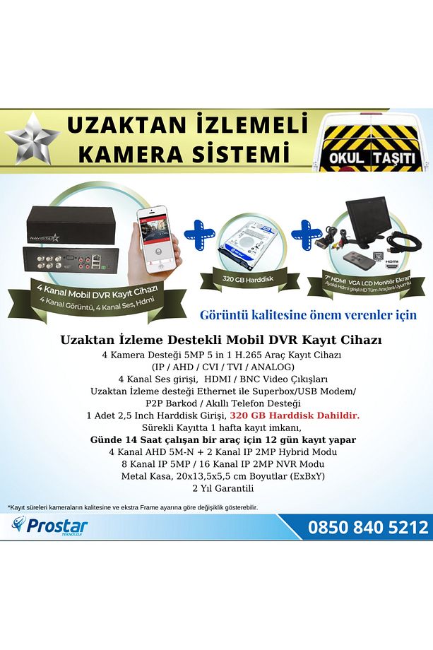 Okul Servis Kamera Sistemi Seti Uzaktan Izlemeli 4 Kameralı 7" Hdmi Monitör 320 Gb Harddisk Dahil - 2