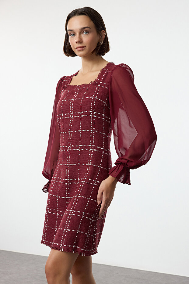Bordo Ekose / Kareli Mini Dokuma Elbise TWOAW21EL0532 - 2