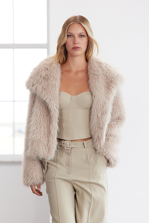 Beżowy oversize'owy wzór futra TWOAW25MO00035 - 1