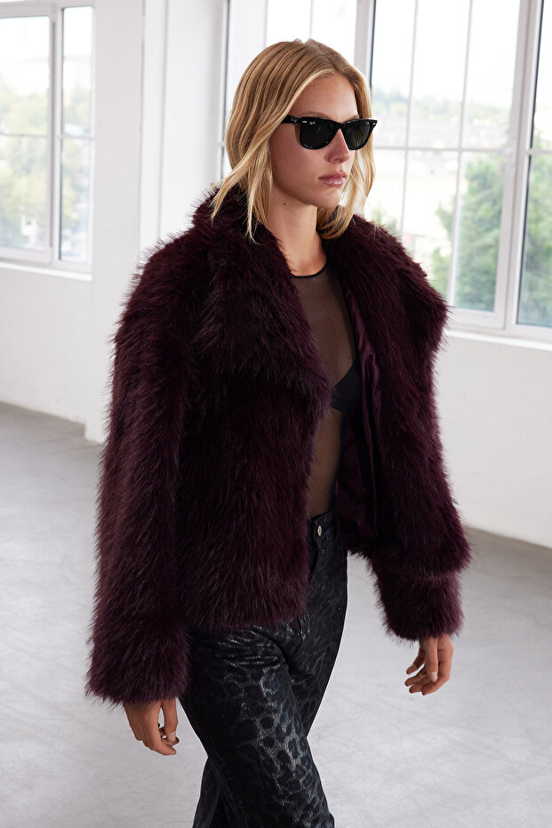 Bordo Oversize Kalıp Kürk Mont TWOAW25MO00035 - 2