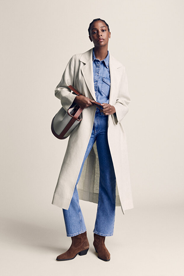 100% linen trench coat lapels - 10