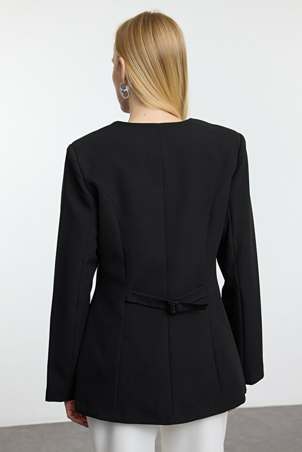 Siyah Yuvarlak / Bisiklet Yakalı Fitted Bele Oturan Dokuma Blazer Ceket TWOAW25BC00009 - 11