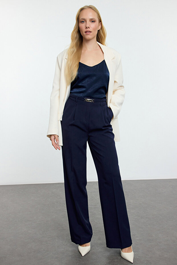 Navy Blue Wide Leg Fabric Woven Trousers - Belt Detail Twoaw25Pl00060