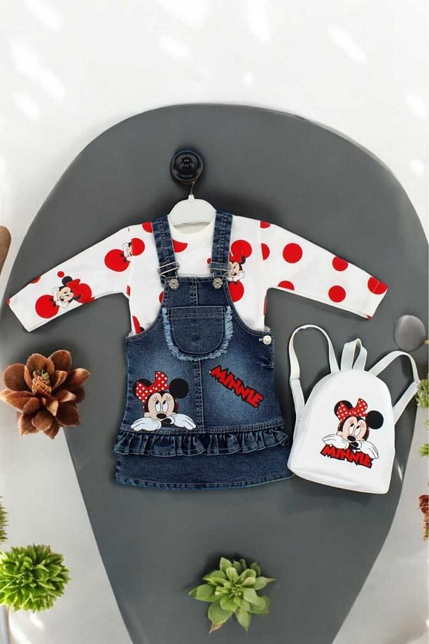 Minnie Desenli Kot Jile Badili Çantalı 3lü Takım 1-5 yaş Kız Çocuk Ayarlanabilir Askılı Uzun Kollu - 2