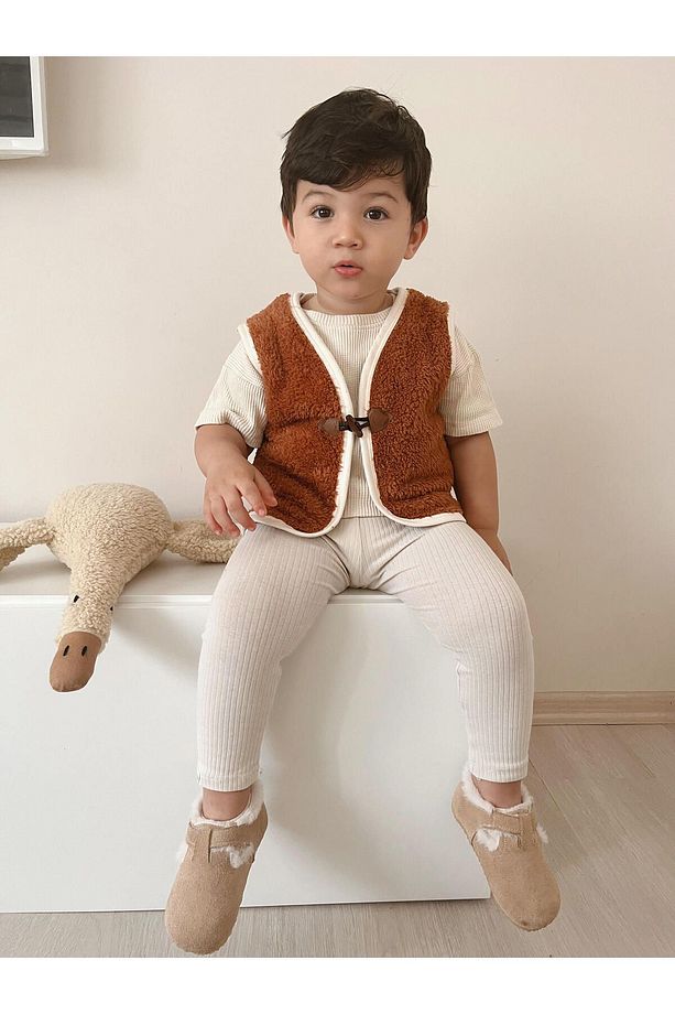 Kız Erkek Bebek ve Çocuk Welsoft Kışlık Peluş Yelek Önden Deri Bağlamalı - 3