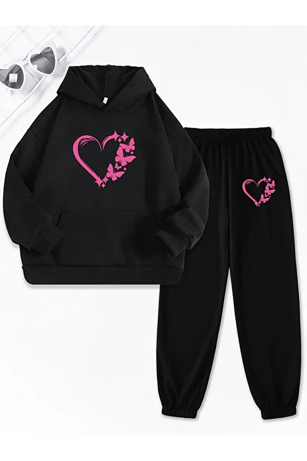 Pink Butterfly Heart Printed Unisex Hooded Top and Bottom Cotton Tracksuit Set