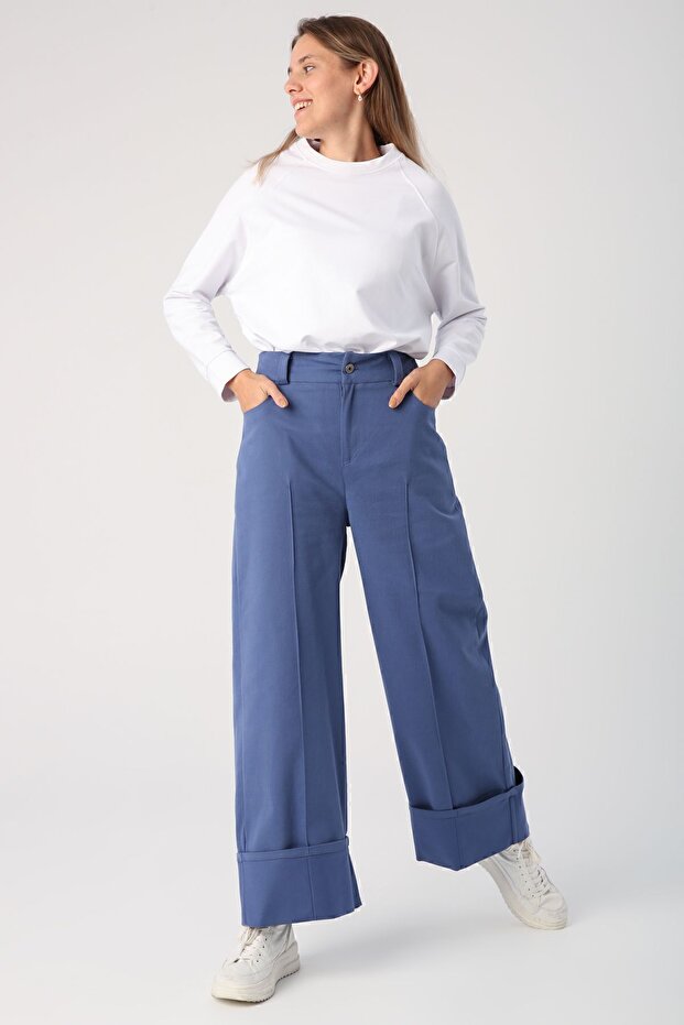 Blue Cotton Wide Leg Fold Trousers