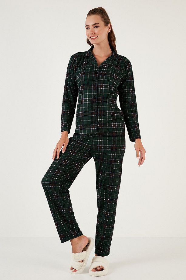Desenli Beli Lastikli Gömlek Yaka Dokuma Pijama Takımı PİJAMA TAKIMI 6095660 - 6
