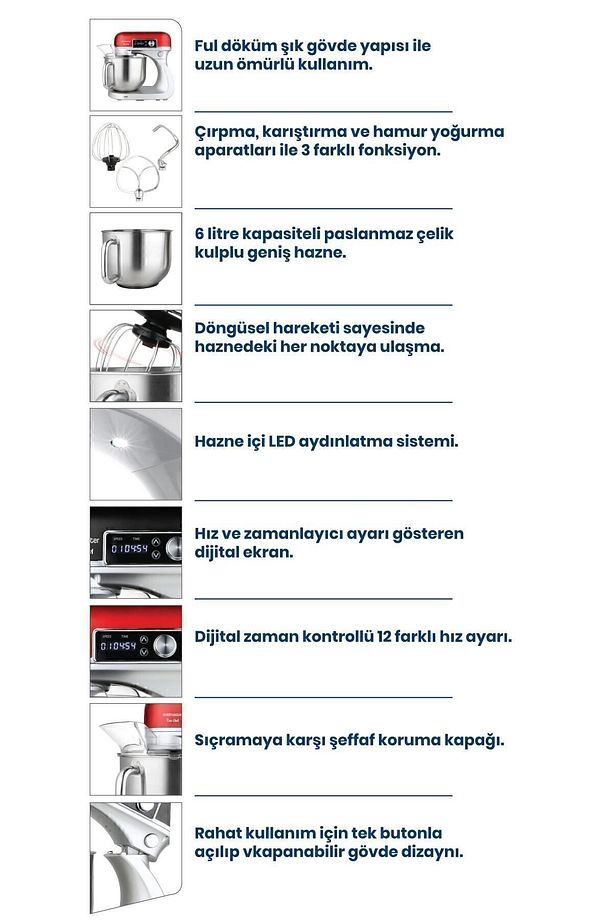 Ceo Chef Dokunmatik Ekran 6 Litre 12 Kademe Darbeli Hız Ayarlı Döküm Stand Mikser Mutfak Şefi - 7