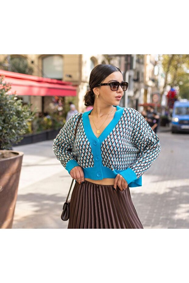 Women's Blue Brown Vintage Patterned Cardigan