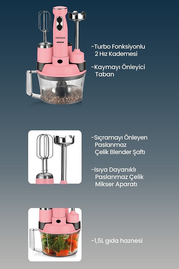 Elenamax Pembe 1000 Watt Hız Ayarlı %100 Bakır Motor 5 In 1 Mutfak Robotu Multi Blender Seti - 3