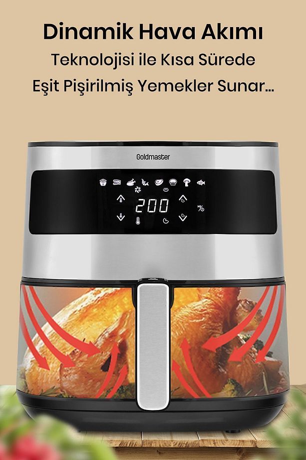 Premio 2000 Watt Yüksek Güç 6,4 Litre Inox Geniş Xxl Dokunmatik Airfryer Yağsız Sıcak Hava Fritözü - 5
