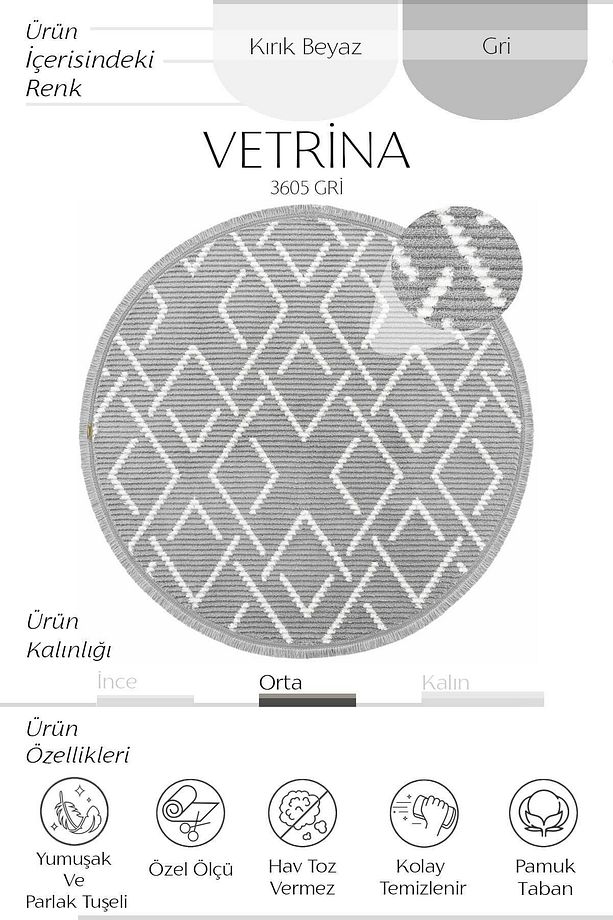 Vetrina 3605 Gri Yumuşak Doku Halı Kilim Salon Mutfak Koridor Kesme Yolluk Yuvarlak Makine Halısı - 4