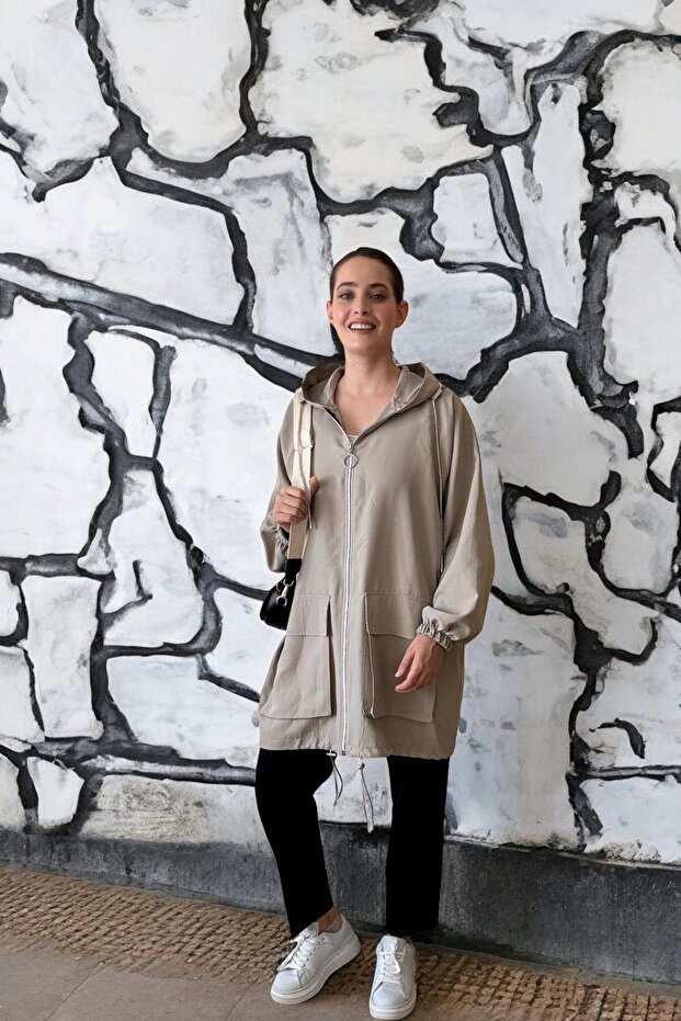 سترة رمادية بغطاء للرأس بسحاب - 7