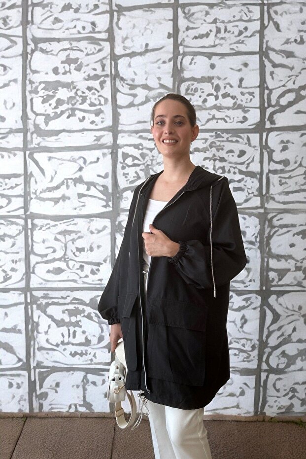 Fermuarlı Kapüşonlu Siyah Tunik - 4