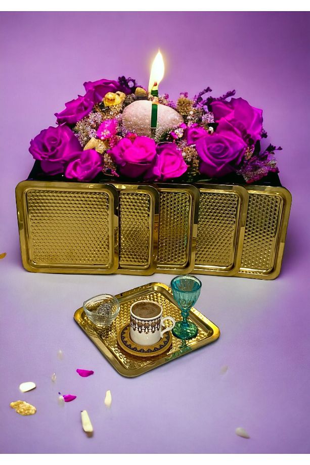 6 Adet Gold Altın Kare Damla Desenli Kahve Servis Sunum Tepsi & Tabağı (21X21CM) - 5