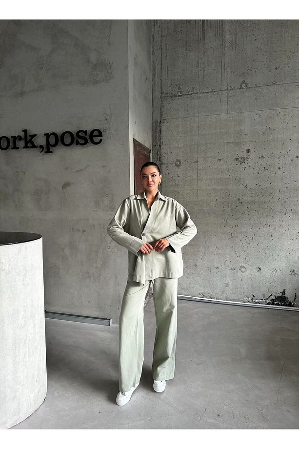Haki %100 Pamuk Kruvaze Kapama Tek Düğmeli Kimono Pantolon Takım - 9