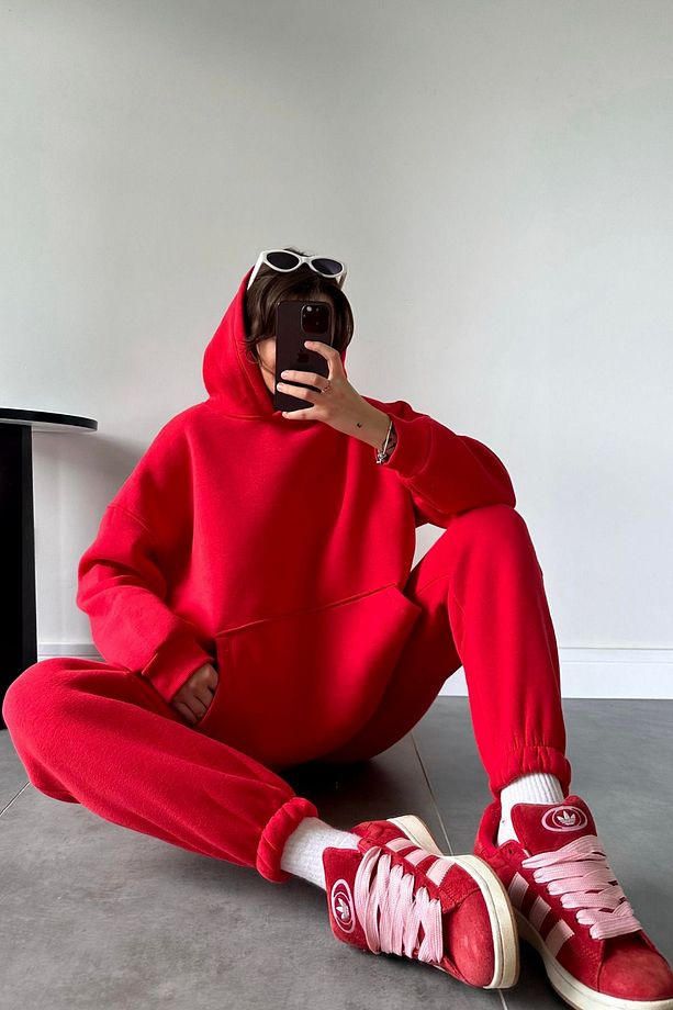 Kadın Oversize Trend  Model Kanguru Cep Kapşonlu Sweatshirt Eşofman Takımı - 4