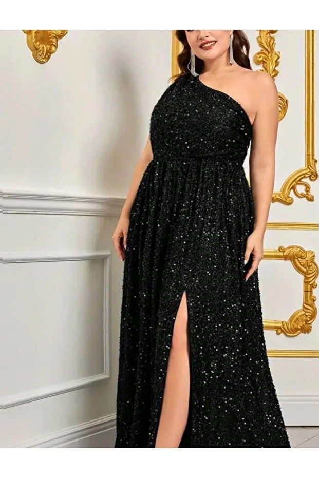 Tek Omuz Pullu Payet Abiye Elbise - 2