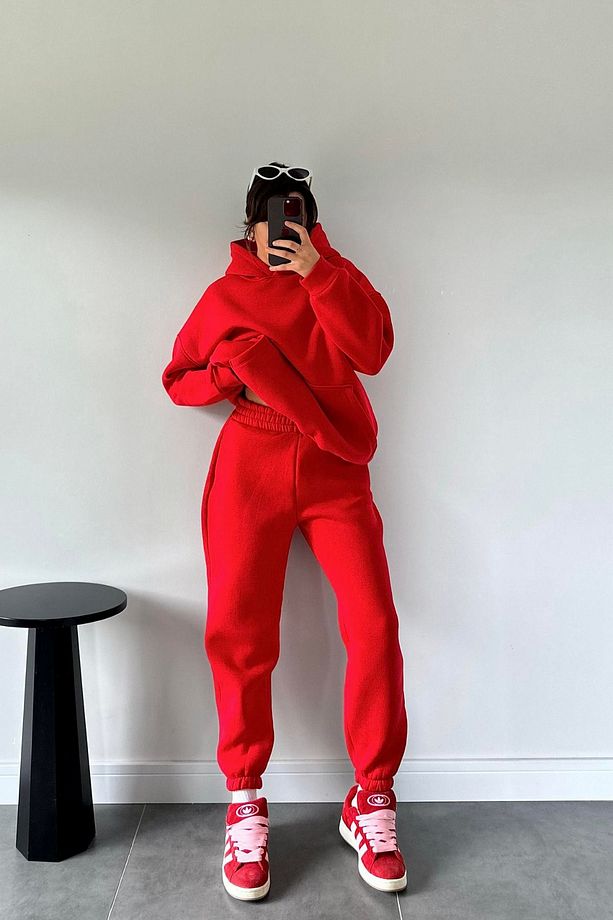 Kadın Oversize Trend  Model Kanguru Cep Kapşonlu Sweatshirt Eşofman Takımı - 2