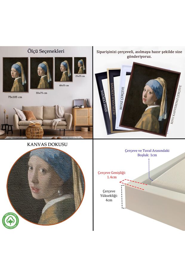 Çerçeveli Johannes Vermeer - İnci Küpeli Kız Tablosu - Girl With A Pearl Earring-7309 - 5