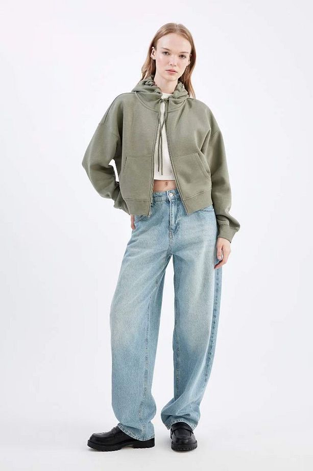 Coool Standart Fit Kapüşonlu Fermuarlı Sweatshirt Parlak Haki - 2