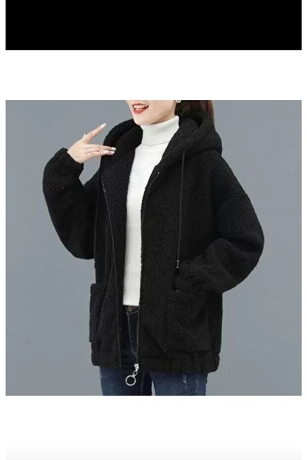 Oversize Hooded Zippered Polo Plush Jacket Unlined Inside Out Plush