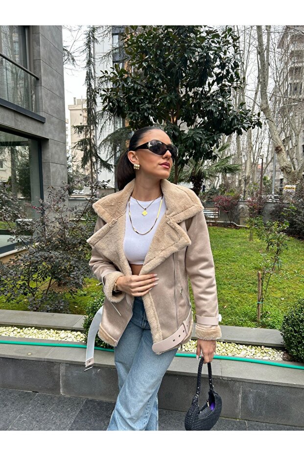 Women's Leather Suede Coat Jacket with Ribbed Belt Detail