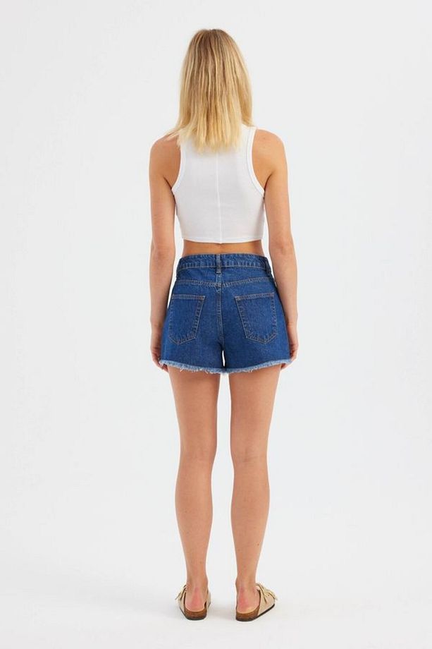 Koyu Renk Yüksek Bel Denim Şort - 4
