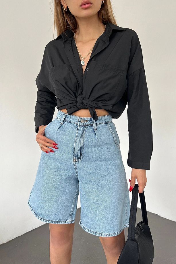 Kadın Buz Mavisi Çift Cepli Bermuda Denim Şort Bcdf-233303 - 3