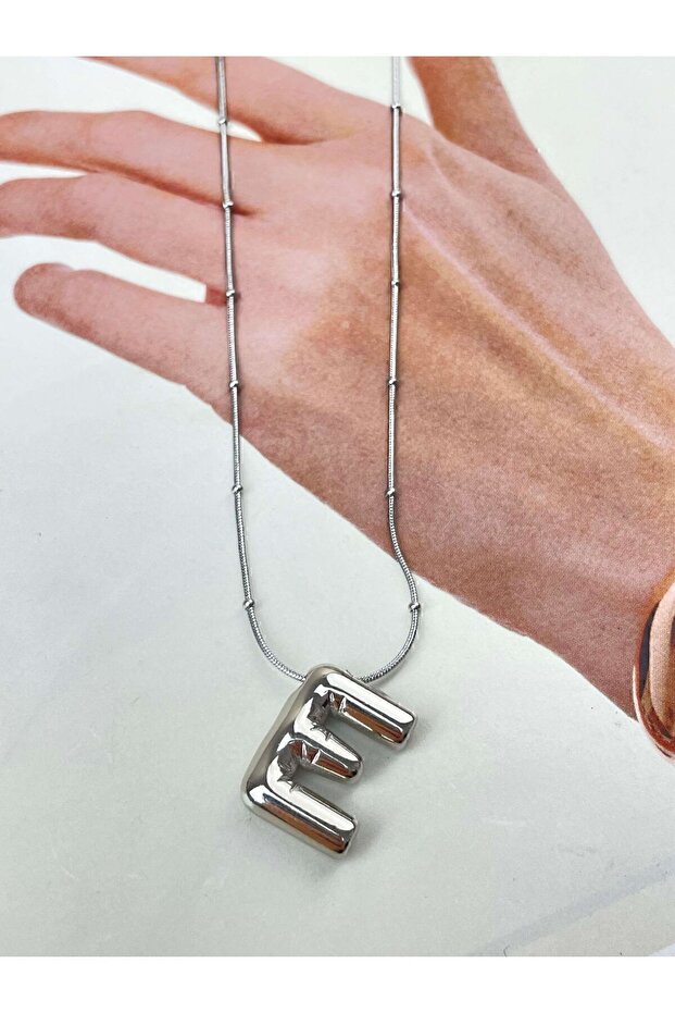 silver renk balon bubble model çelik harf kolye E harfi - 1