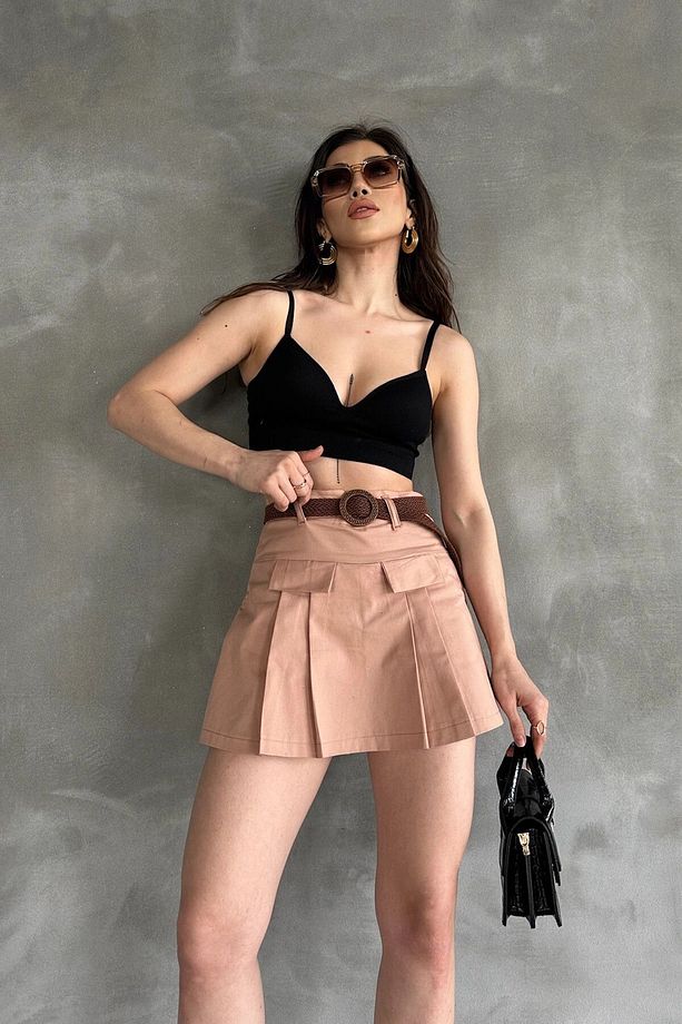 Kadın Camel Kemerli Kapak Detaylı Gabardin Şort Etek Bcdf-247708 - 2