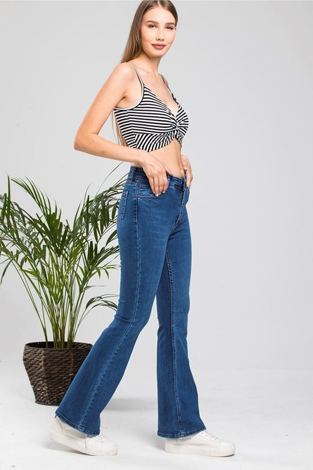 Allstar Spanish Women Dark Blue Spanish Leg Jeans High Waist Spanish Jeans Gathering Effect