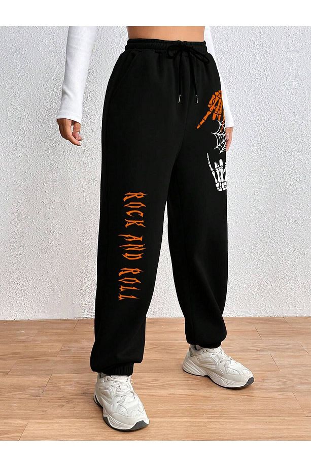 Rock And Roll İskelet El Eşofman Altı Jogger - Siyah Baskılı Lastik Paça Yüksek Bel Kışlık - 6