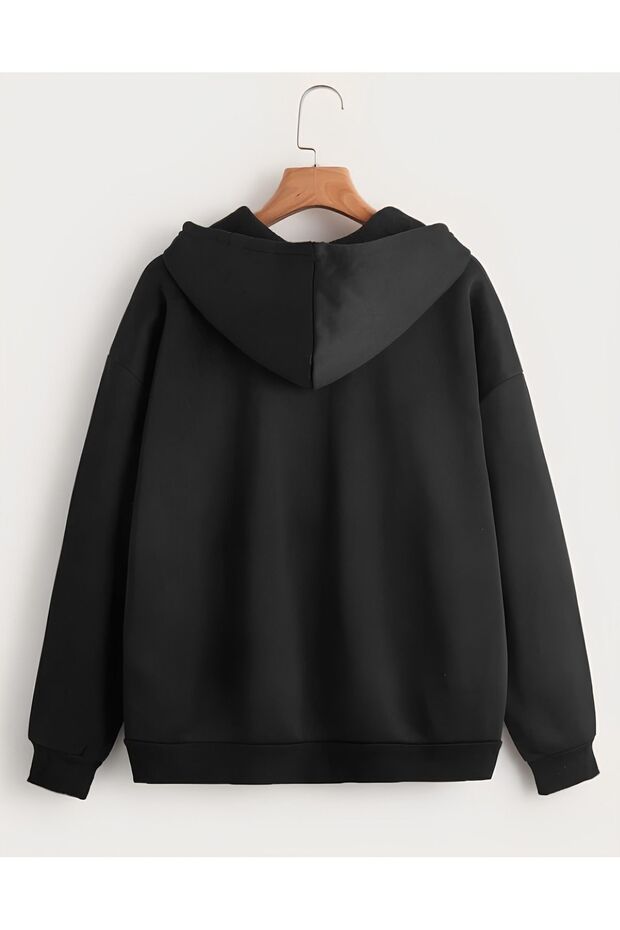 2'li Düz Basic Kalın Hırka - Siyah Yazlık Oversize Kapüşonlu Fermuarlı Cepli Hırka - 3