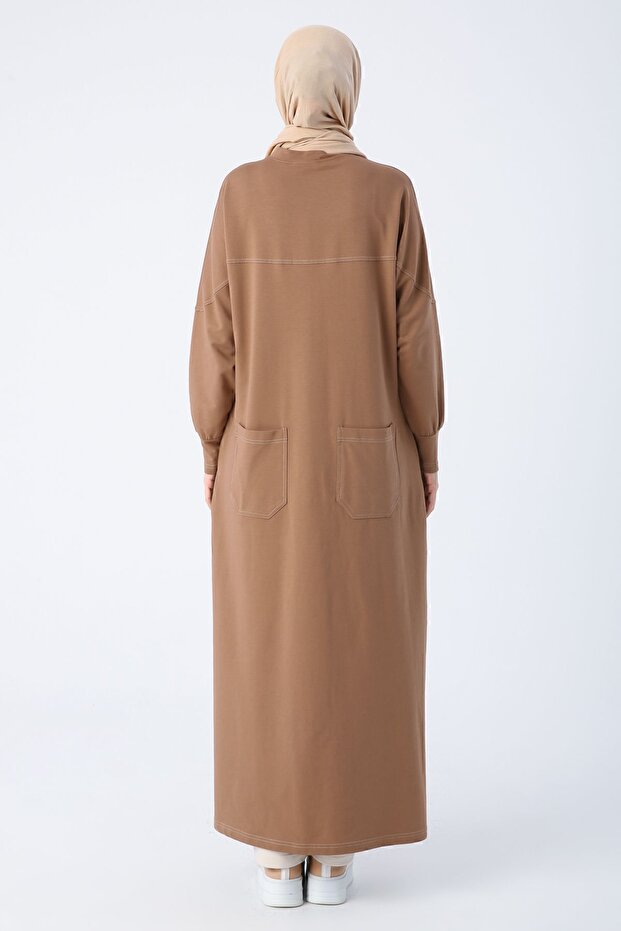 Hnědá bavlněná pletená abaya na zip se zadní kapsou - 4